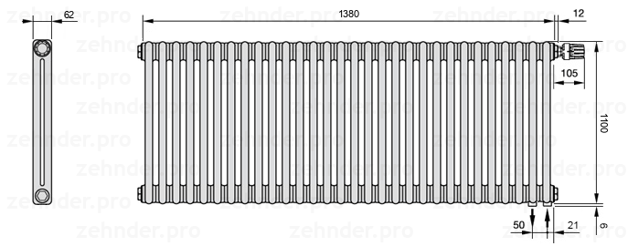 Схема (чертеж) Радиатор Zehnder Charleston 2110/30 №V002 Белый глянцевый RAL 9016